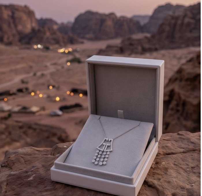 Precious Genuine White Topaz rhodium over .925 Sterling Silver handmade necklace - White topaz necklace in box, desert landscape background.