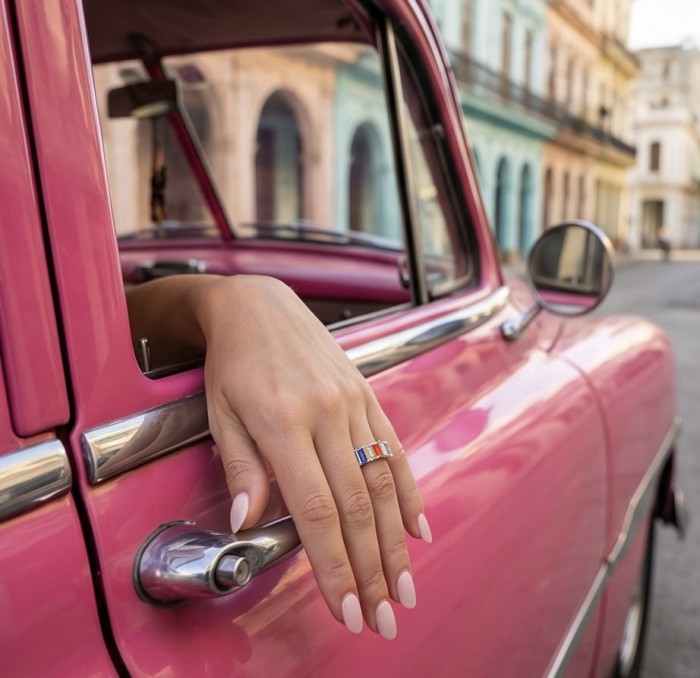 My own Rainbow - authentic 8.7 carat Topaz .925 Sterling Silver Ring size 7 - Close-up of Topaz ring worn on hand out car window with pink nails.