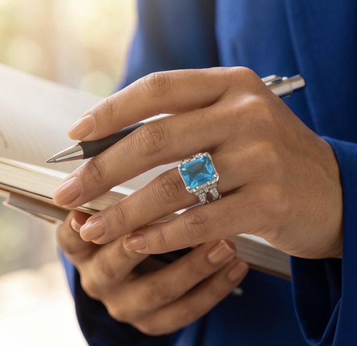 Blue OCEAN 14.3 carat Swiss Blue Topaz .925 Sterling Silver dipped in rhodium handcrafted ring size 7 1/4 - Swiss Blue Topaz ring on hand, close-up angle, holding a pen and journal.