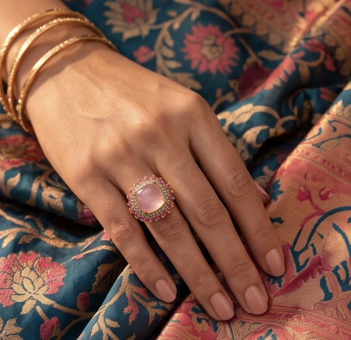 Scarlett 12.9 carat Rose Quartz 18K Rose Gold over .925 Sterling Silver handcrafted Statement Ring size 7 - Rose Quartz ring worn on hand with patterned fabric backdrop.