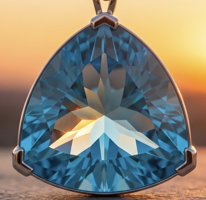 Trillion cut 28.5 carat Vintage style Swiss Blue Topaz .925 Sterling Silver DIPPED IN RHODIUM handmade Pendant - Close-up of trillion cut Swiss Blue Topaz pendant at sunset.