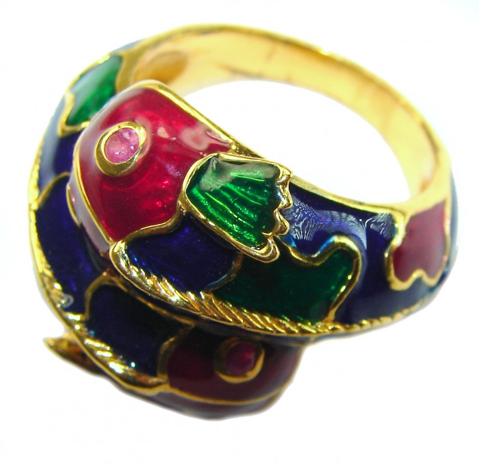 Luxurious Lucky Fishes Natural Ruby Enamel 18K Gold over .925 Sterling Silver Huge handcrafted Ring s. 8 1/4 - photo 2