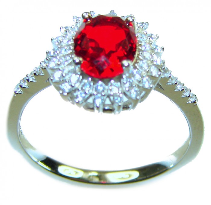 Beauty of Nature 2.8 carat Ruby .925 Sterling Silver handcrafted Cocktail Ring s. 7 1/4 - Close-up of a ruby and diamond sterling silver ring from the top angle.