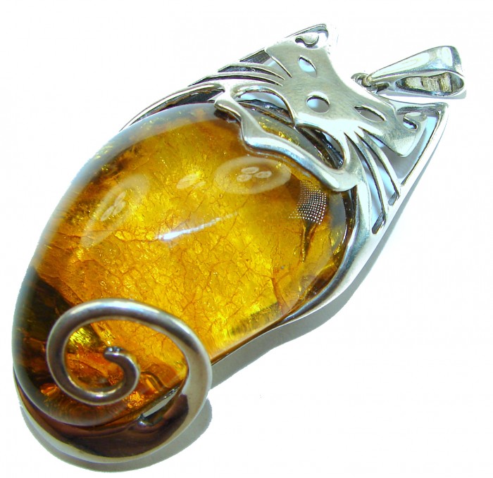 Tomcat 30.9 grams Prehistoric Authentic Baltic Amber .925 Sterling Silver beautifully handcrafted Large Pendant - Amber cat pendant, front view, silver detailing, 30.9g Baltic amber