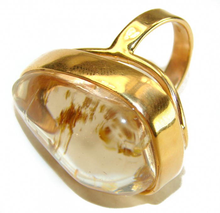 Sahara - The best quality genuine 31.5 carat Phantom Quartz 18K Gold over .925 Sterling Silver handmade Statement Ring s. 8 adjustable - Side view of Sahara ring with 31.5 carat Phantom Quartz.