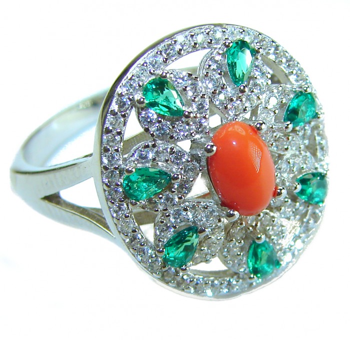 Serenity - 10.5 carat genuine Coral Emerald .925 Sterling Silver handmade ring s. 8 - Close-up of Serenity coral and emerald ring in sterling silver.