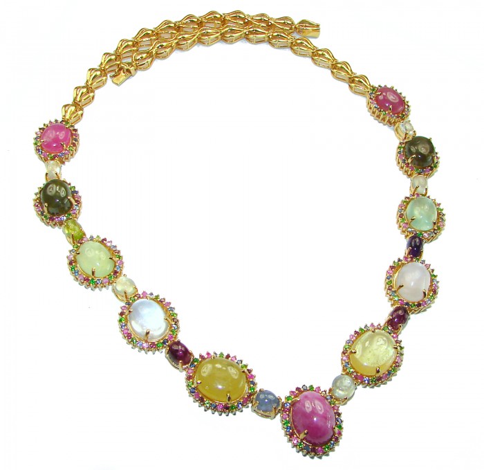 Color Me Brightly - Brazilian Watermelon Tourmaline 18K Gold over .925 Sterling Silver handmade necklace - Necklace front view with colorful gemstones and gold beads.