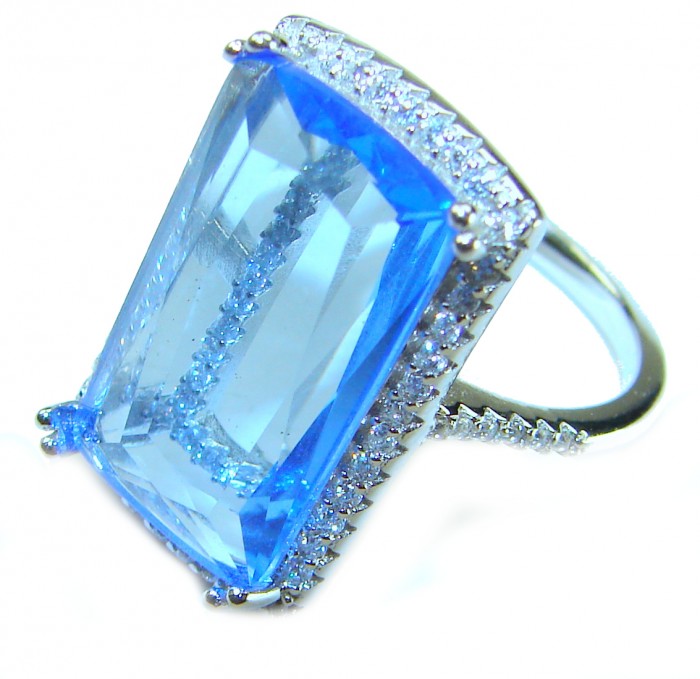 Eau Pure 14.5 carat Swiss Blue Topaz .925 Sterling Silver Handcrafted Statement Ring size 8 1/4 - Close-up of Swiss Blue Topaz ring with .925 sterling silver setting