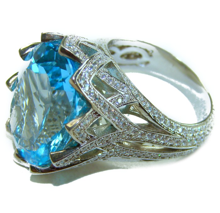 Pacifica 32.8 carat Swiss Blue Topaz .925 Sterling Silver handcrafted Large ring size 6 - Close-up side view of Swiss Blue Topaz ring in sterling silver setting