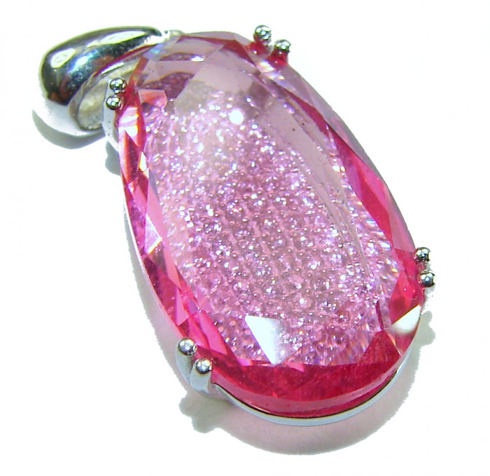 Sweet Raspberry 14.8 carat Pink Tourmaline rhodium over .925 Sterling Silver handcrafted Statement pendant - Close-up of Sweet Raspberry 14.8 carat Pink Tourmaline pendant.