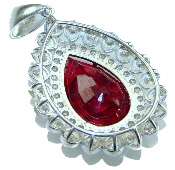 Rare finding! Deluxe 49.8 carat authentic Kashmir Ruby rhodium over .925 Sterling Silver handmade Statement Pendant - Close-up of deluxe 49.8 carat Kashmir ruby pendant with silver setting
