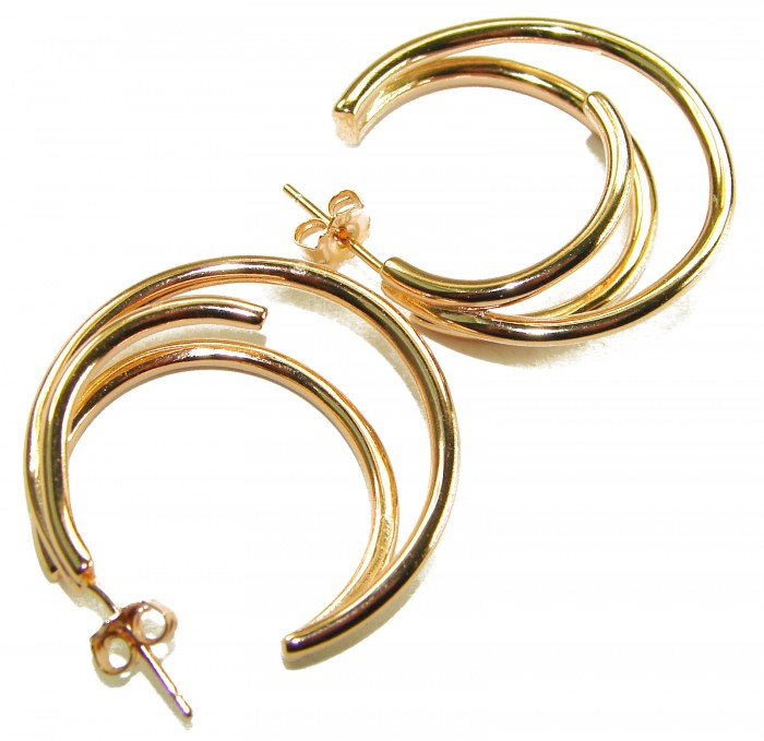Dubai Style - Golden fantasy .925 Sterling Silver dipped in 22K Gold handmade Earrings - Gold hoop earrings, front angle, showing layered design.