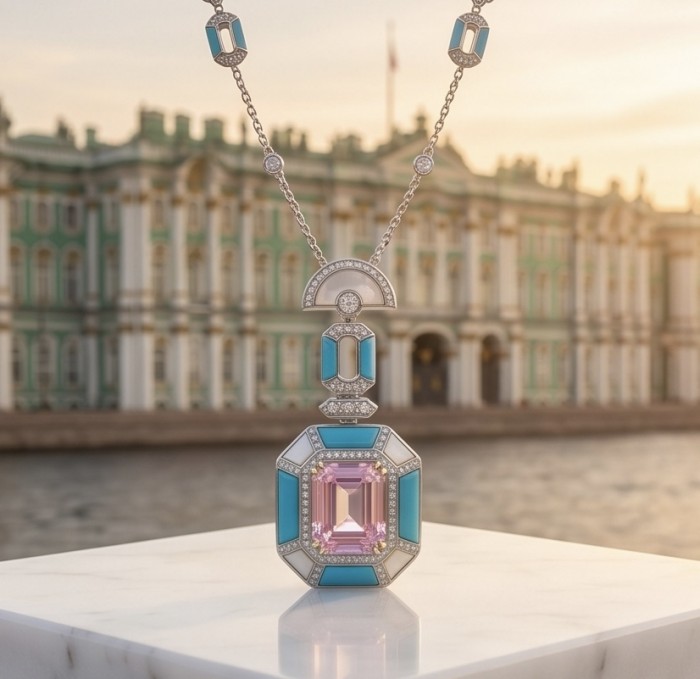 Emily - Art Deco - Precious genuine 8.4 carat Kunzite inlay Turquoise .925 Sterling Silver handcrafted necklace - Art Deco Kunzite pendant with turquoise accents, front view.