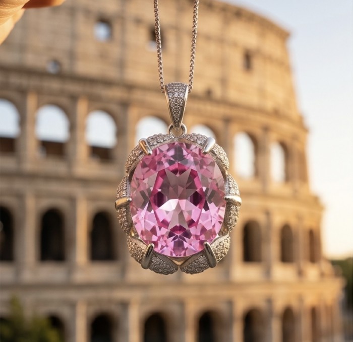 Oval cut 15.8 carat Bubblegum Pink Sapphire from Madagascar .925 Sterling Silver handcrafted pendant - Close-up of 15.8 carat Bubblegum Pink Sapphire pendant, Colosseum background