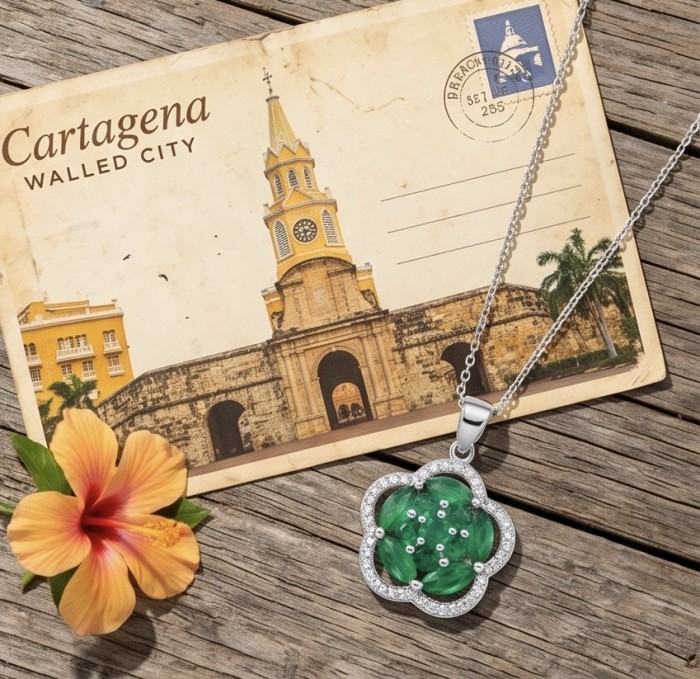 Authentic 4.5 CARAT Chrome Diopside .925 Sterling Silver Pendant - Chrome diopside necklace on postcard, top view with hibiscus flower.