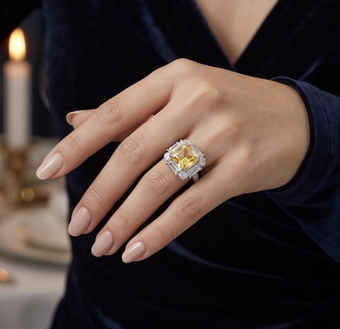 Art Deco - Luxurious assher cut 15.7 carat Yellow Sapphire 18K Gold over .925 Sterling Silver handcrafted Ring s. 7 1/2 - Worn on hand, showcasing asscher cut 15.7 carat yellow sapphire ring.