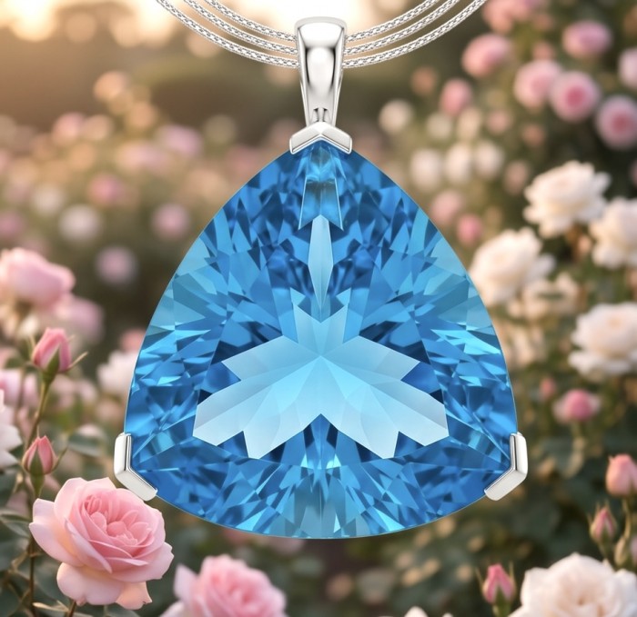 Trillion cut 21.2 carat Vintage style Swiss Blue Topaz .925 Sterling Silver DIPPED IN RHODIUM handmade Pendant - Close-up of a trillion cut 21.2 carat Swiss Blue Topaz pendant.
