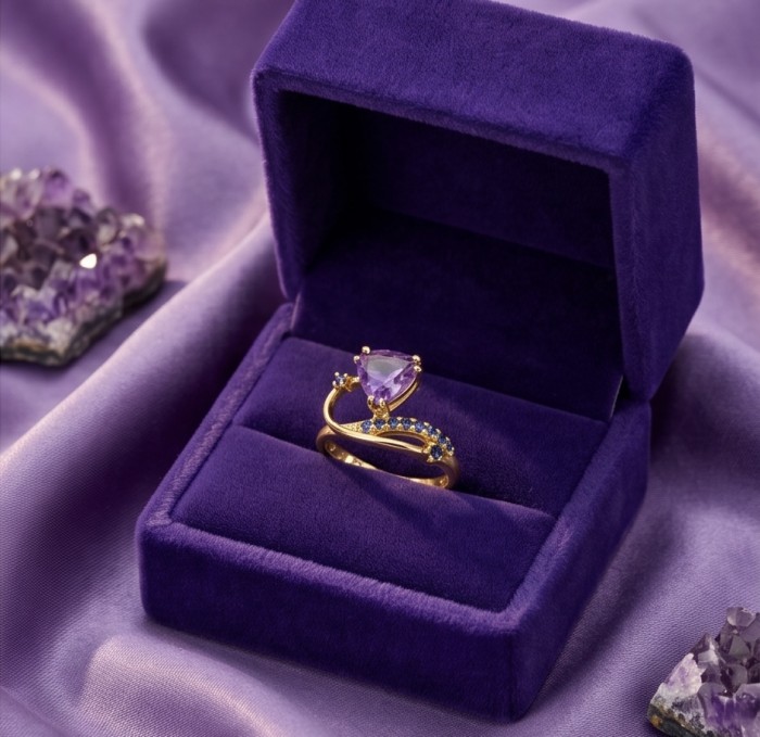 Purple Queen trillion cut 5.2 carat Amethyst 18K Gold over .925 Sterling Silver Handcrafted Ring size 8 - Purple Queen Amethyst ring in box, top view close-up.
