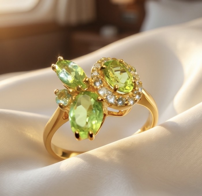 Summer - authentic 7.5 carat Peridot 18K Gold over .925 Sterling Silver Ring size 8 - Close-up of Peridot ring in 18K gold displayed on fabric