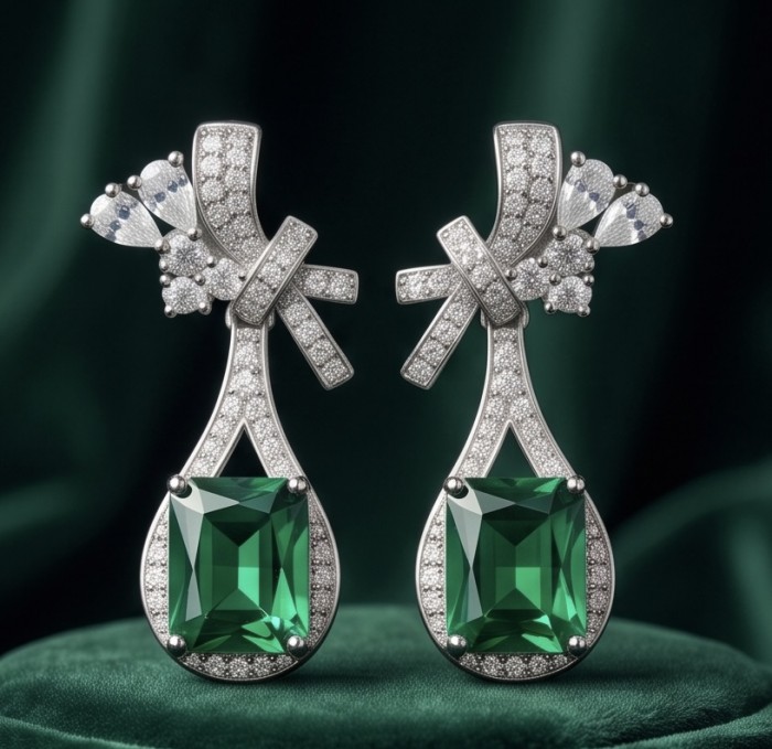 Stella 3.8 carat COLOMBIAN Emerald .925 Sterling Silver handmade Earrings - Emerald and sterling silver earrings, front view, intricate design details.