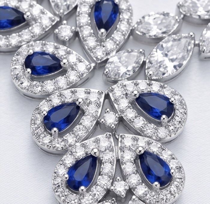 Blue Royalty art deco 8.2 carat Sapphire .925 Sterling Silver handcrafted Statement Necklace - Close-up of Sapphire and diamond art deco sterling silver jewelry.