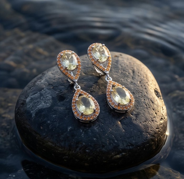 Giovanna Authentic 12.5 carat Brazilain Citrine .925 Sterling Silver dipped in Rhodium over brilliantly handcrafted earrings - Citrine earrings on stone, water backdrop, close-up view.