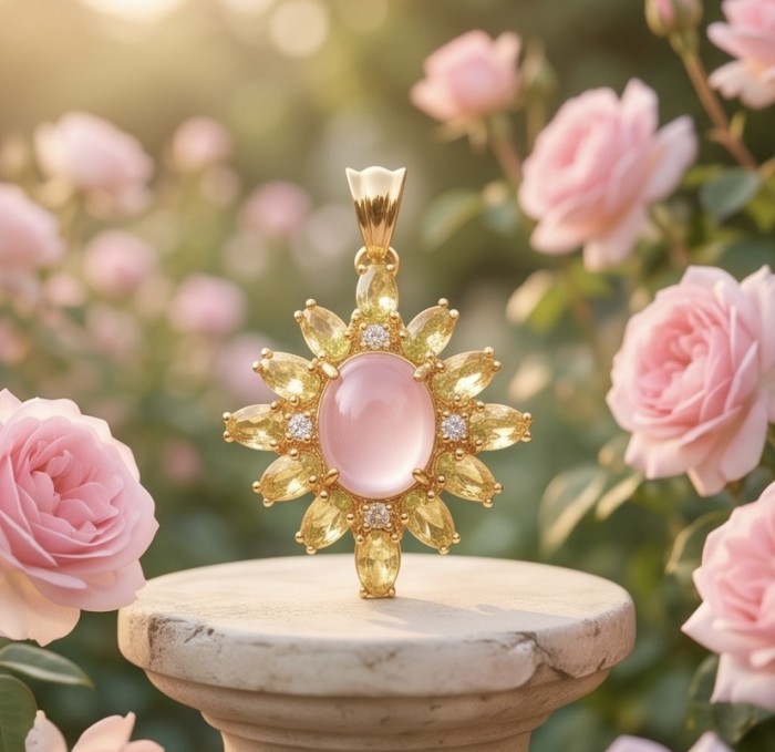 Scarlett 5.8 carat Rose Quartz 22K Gold over .925 Sterling Silver handcrafted Statement Pendant - Rose quartz pendant front view surrounded by pink roses.