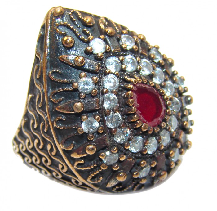 Large Victorian Style created Ruby & White Topaz Sterling Silver ring; s. 6 - photo 1