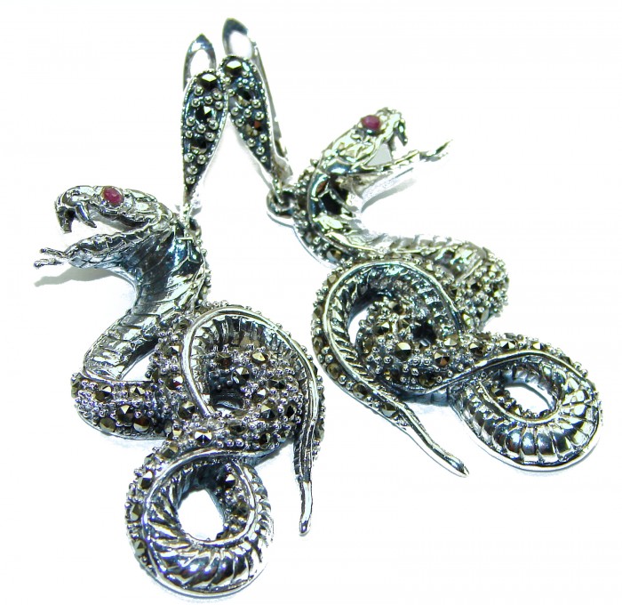 Two Cobras Ruby Marcasite .925 Sterling Silver handcrafted Earrings - photo 2