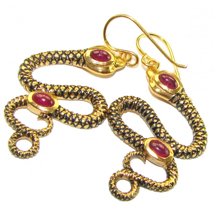 Very Unique Snakes Ruby Enamel 18K Gold over .925 Sterling Silver handcrafted earrings - photo 3