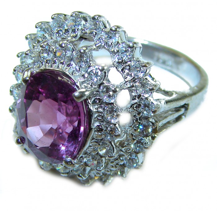 Deep Purple 10.2 carat natural Amethyst .925 Sterling Silver handcrafted ring size 6 - Close-up of deep purple amethyst ring with intricate diamond setting