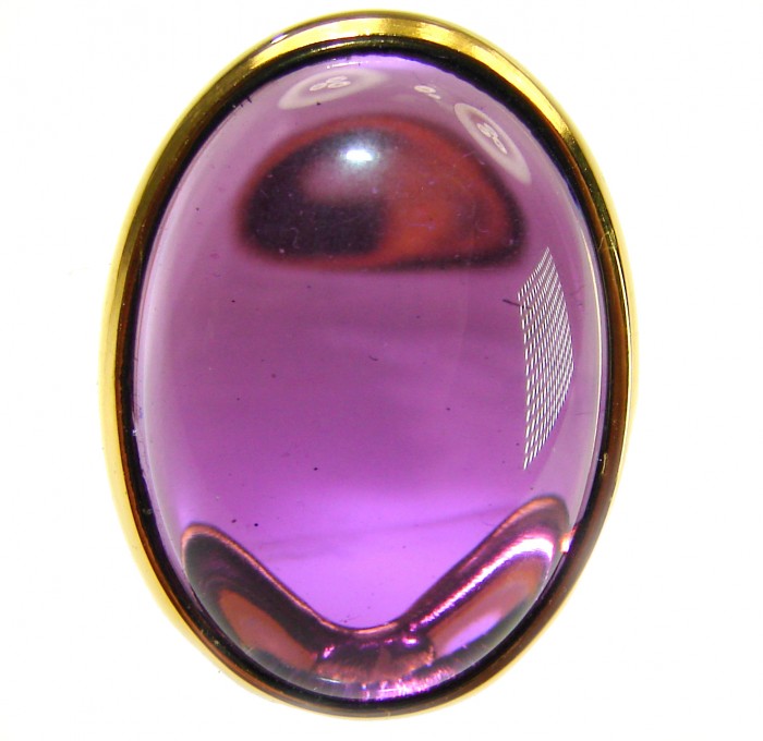 22.2 carat Amethyst 14K Gold over .925 Sterling Silver Handcrafted Large Ring size 7 1/4 - Close-up of 22.2 carat amethyst in 14K gold over sterling silver setting.
