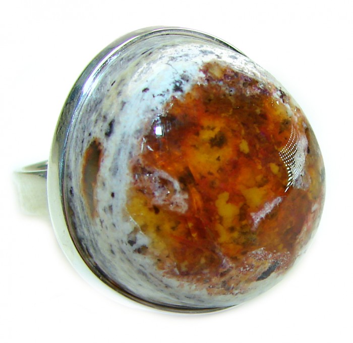 Queen of Fire best quality 22.4 carat Mexican Opal .925 Sterling Silver handmade ring 8 adjustable - Mexican Opal ring stone close-up, sterling silver setting