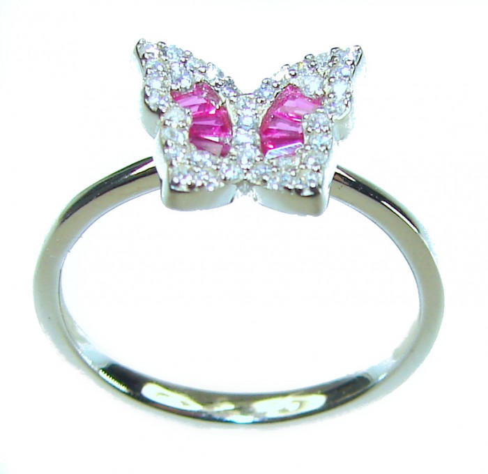 Art Deco 1.8 carat Authentic Ruby .925 Sterling Silver Handcrafted Ring size 7 1/4 - Butterfly ring with rubies and diamonds, top view angle.