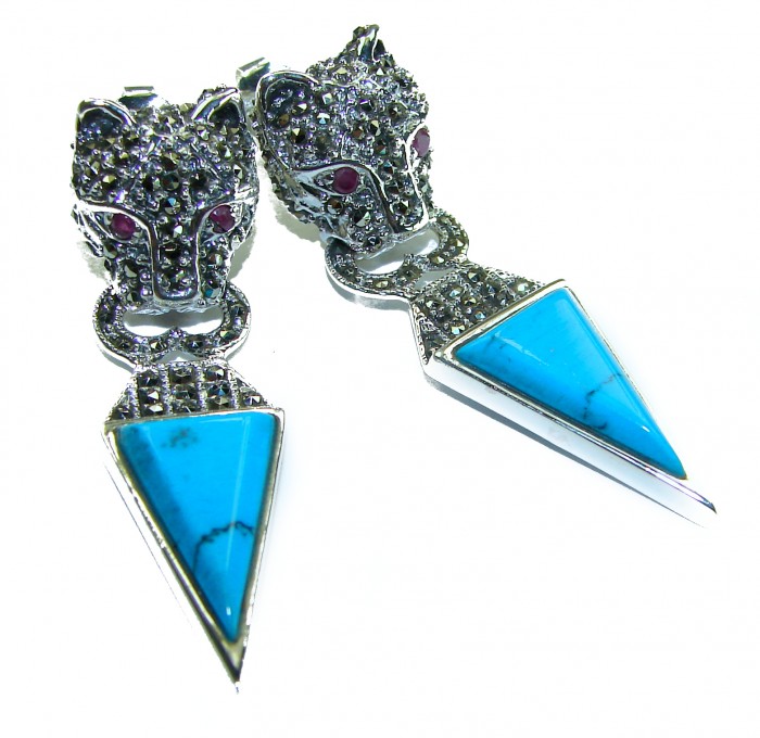 Spectacular Blue Cheetah inlay Turquoise .925 Sterling Silver handcrafted Earrings - Cheetah turquoise earrings, close-up view, silver and blue details