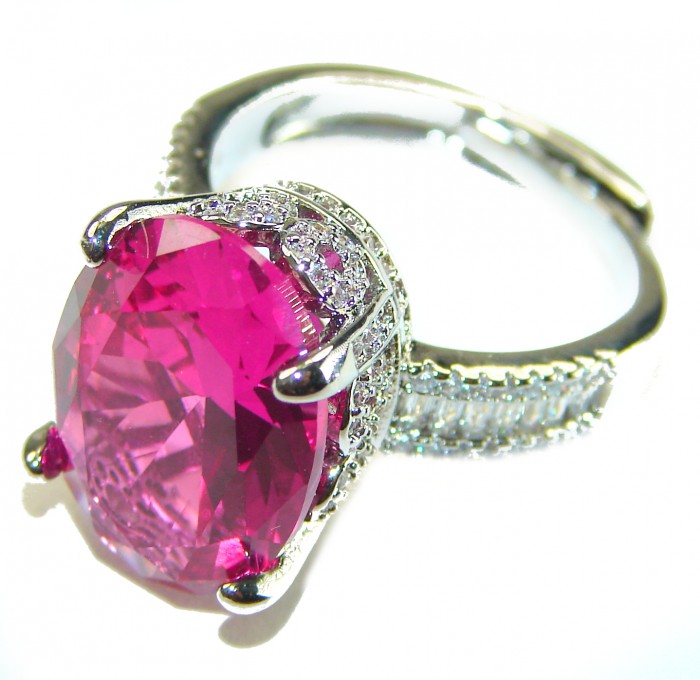 Blooming Beauty 8.8 carat baquette cut Pink Sapphire .925 Silver handcrafted Cocktail Ring s. 7 - Close-up of Blooming Beauty 8.8ct pink sapphire ring with diamond accents.