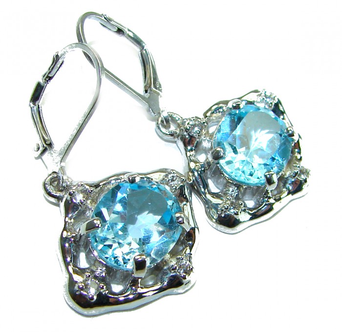 Pacifica 7.5 carat authentic Blue Topaz .925 Sterling Silver Handcrafted Earrings - Close-up of Blue Topaz earrings with sterling silver settings.