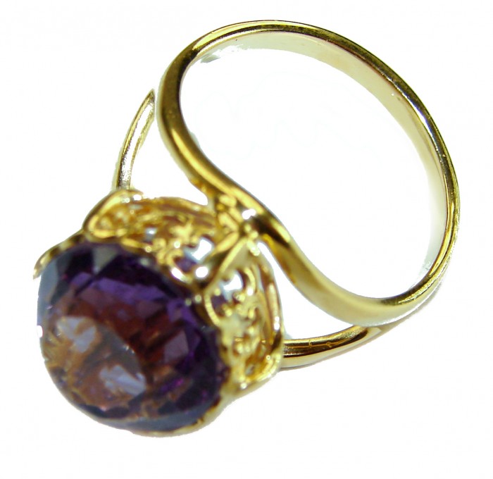 Purple Royalty 8.5 carat Amethyst .925 Sterling Silver dipped in 14K Rose Gold over Handcrafted Huge Ring size 7 1/4 - Side view of Purple Royalty 8.5 carat Amethyst in gold setting ring.