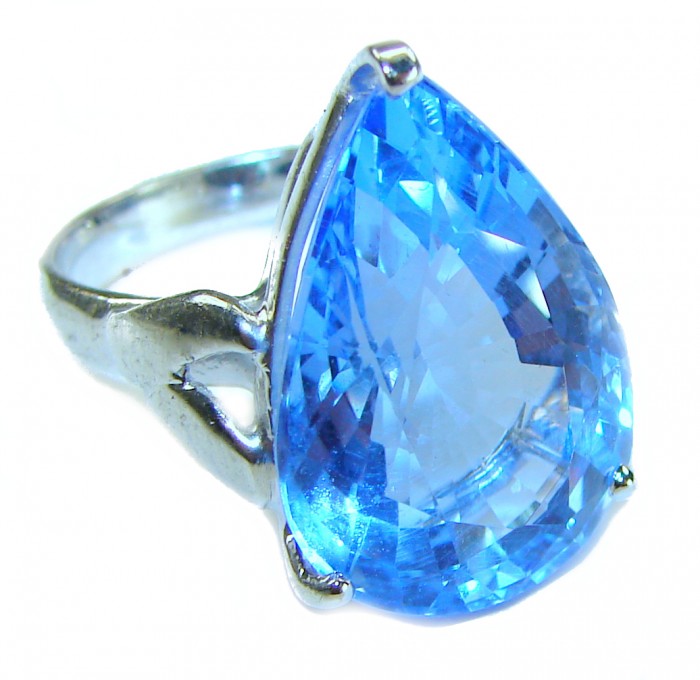 Blue Odyssey 4.5 carat authentic Swiss Blue Topaz .925 Sterling Silver handmade Statement Ring size 7 1/4 - Close-up of Swiss Blue Topaz ring, side view, .925 sterling silver setting