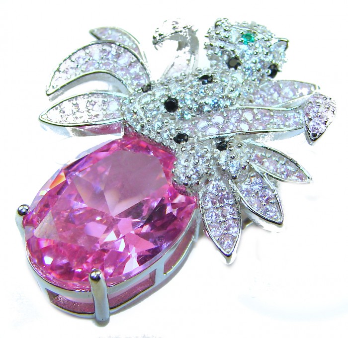 Pink Cheetah authentic 12.5 carat Swiss Blue Topaz .925 Sterling Silver Handcrafted pendant brooch - Close-up of Pink Cheetah with 12.5 carat Swiss Blue Topaz and crystals.