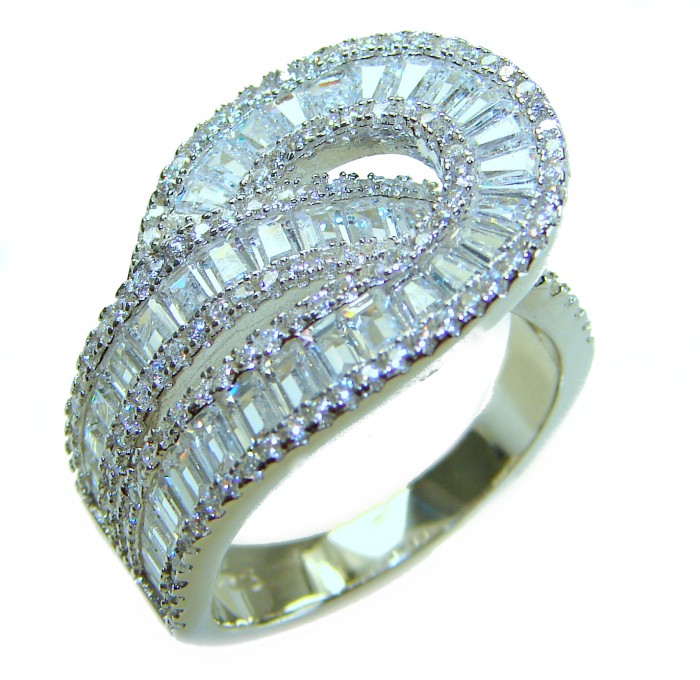 Pure Celestial Energy Natural 12.4 carat White Topaz .925 Sterling Silver handmade Statement Ring size 7 1/4 - Top view of intricate white topaz ring with baguette stones.