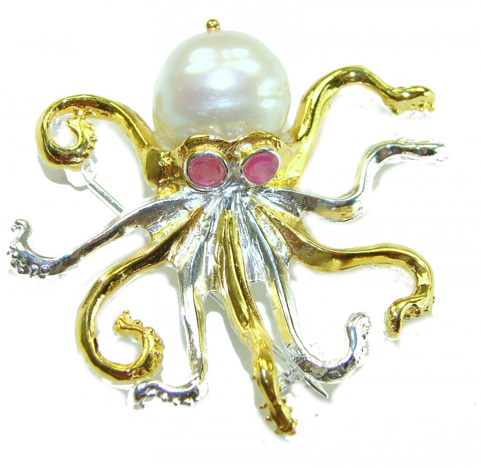 Octopus real Pearl 18K Gold over .925 Sterling Silver handmade Pendant Brooch - Octopus brooch, top view, pearl with gold and silver accents.
