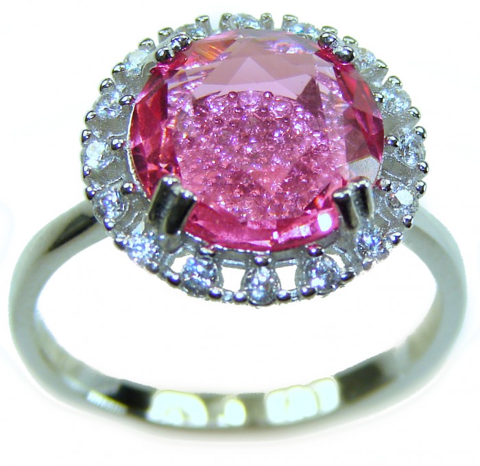 Love 10.8 carat Pink Topaz rhodium over .925 Sterling Silver handcrafted Statement Ring size 9 - Pink Topaz ring close-up, rhodium over sterling silver, top view.