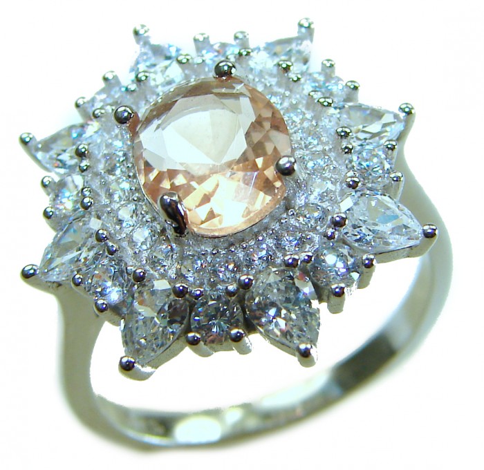 Isabella Authentic emerald cut 4.8 carat Morganite .925 Sterling Silver ring s. 8 - Close-up of Isabella emerald cut 4.8 carat Morganite ring .925 sterling.
