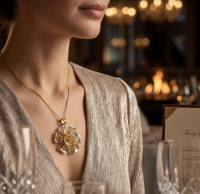 Dubai Style - Golden Rose .925 Sterling Silver dipped in 22K Gold handmade Pendant - Necklace worn, frontal view showing Golden Rose pendant detail.