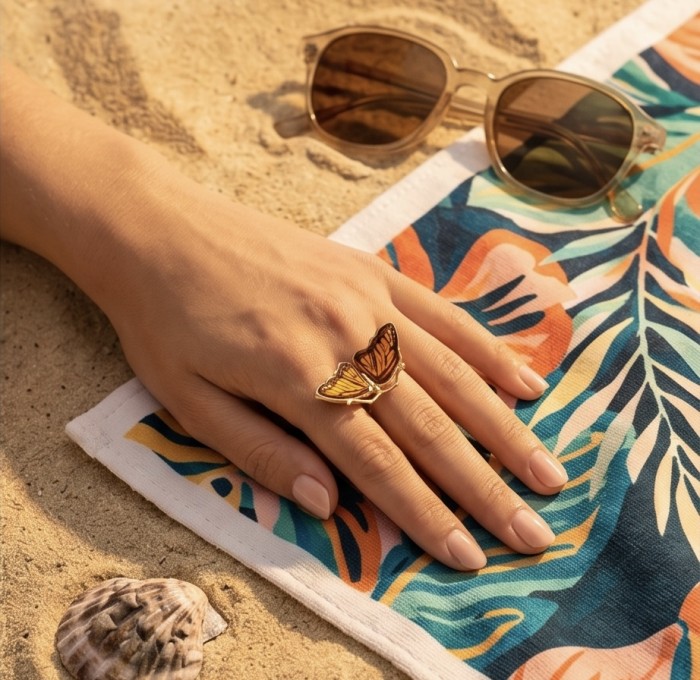 Butterfly Authentic Baltic Amber .925 Sterling Silver dipped in 18K Gold handcrafted ring; s. 6 adjustable - Butterfly amber ring worn on hand, beach setting with sunglasses.