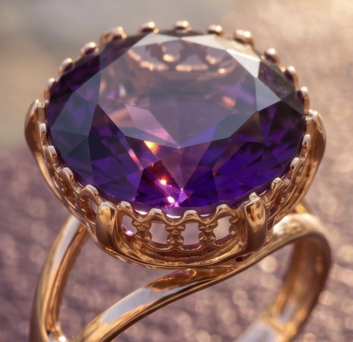 Peace 10.5 carat natural Amethyst 18K Gold over .925 Sterling Silver Handcrafted Ring size 9 1/4 - Close-up of 10.5 carat amethyst in 18K gold setting.