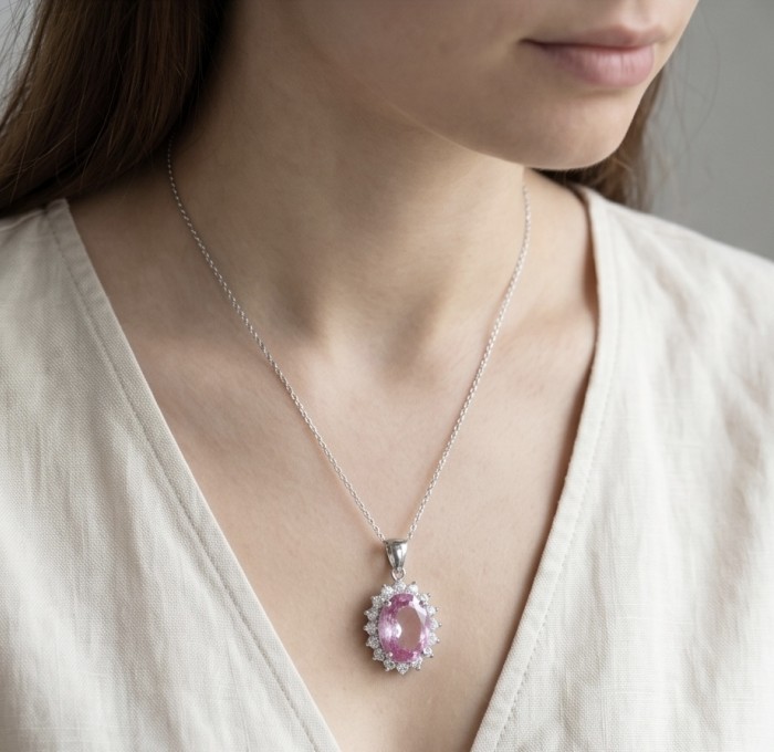 Incredible oval cut 15.8 carat Pink Sapphire .925 Sterling Silver handcrafted pendant - Pink Sapphire pendant necklace worn close-up view