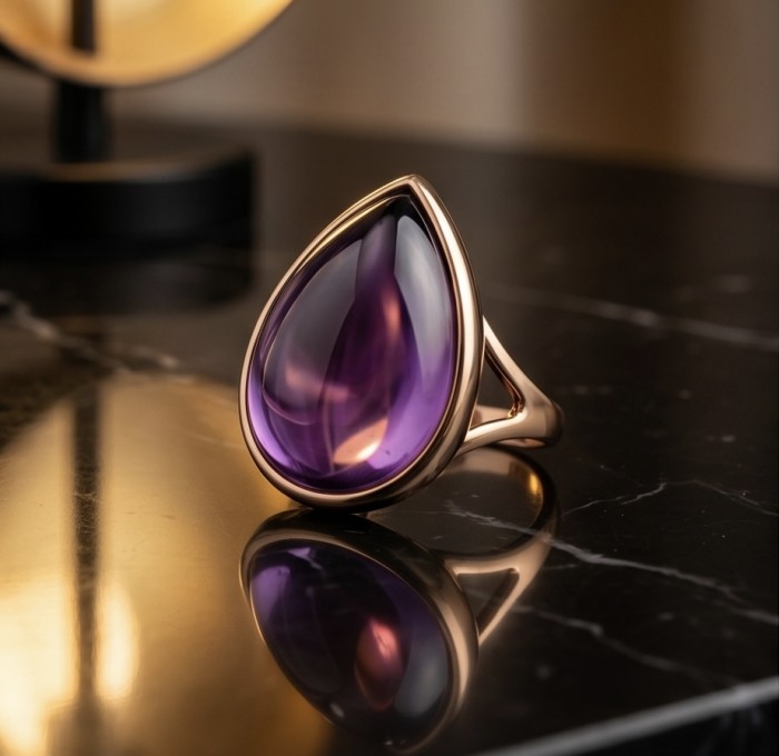 Top quality 23.5 carat Amethyst .925 Sterling Silver dipped in 18K Gold Handcrafted Large Ring size 8 - Side view of teardrop amethyst ring on black marble surface.