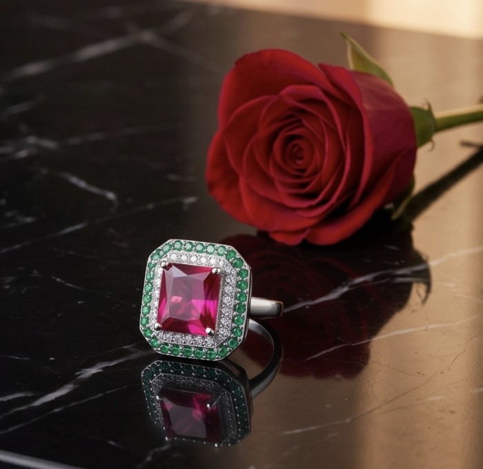 Bella Rosa Genuine 4.8 CARAT Star Ruby rhodium over .925 Sterling Silver Statement Ring size 8 - Close-up of Bella Rosa Star Ruby ring with rose on marble surface